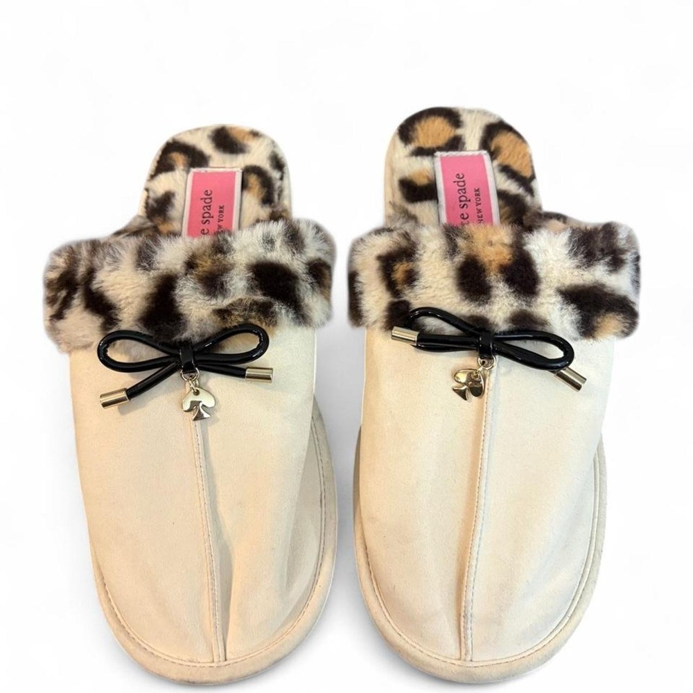 Kate Spade Lacey Slippers Women 8 Leopard Faux Fur Cream Bow Spade Charm Mule